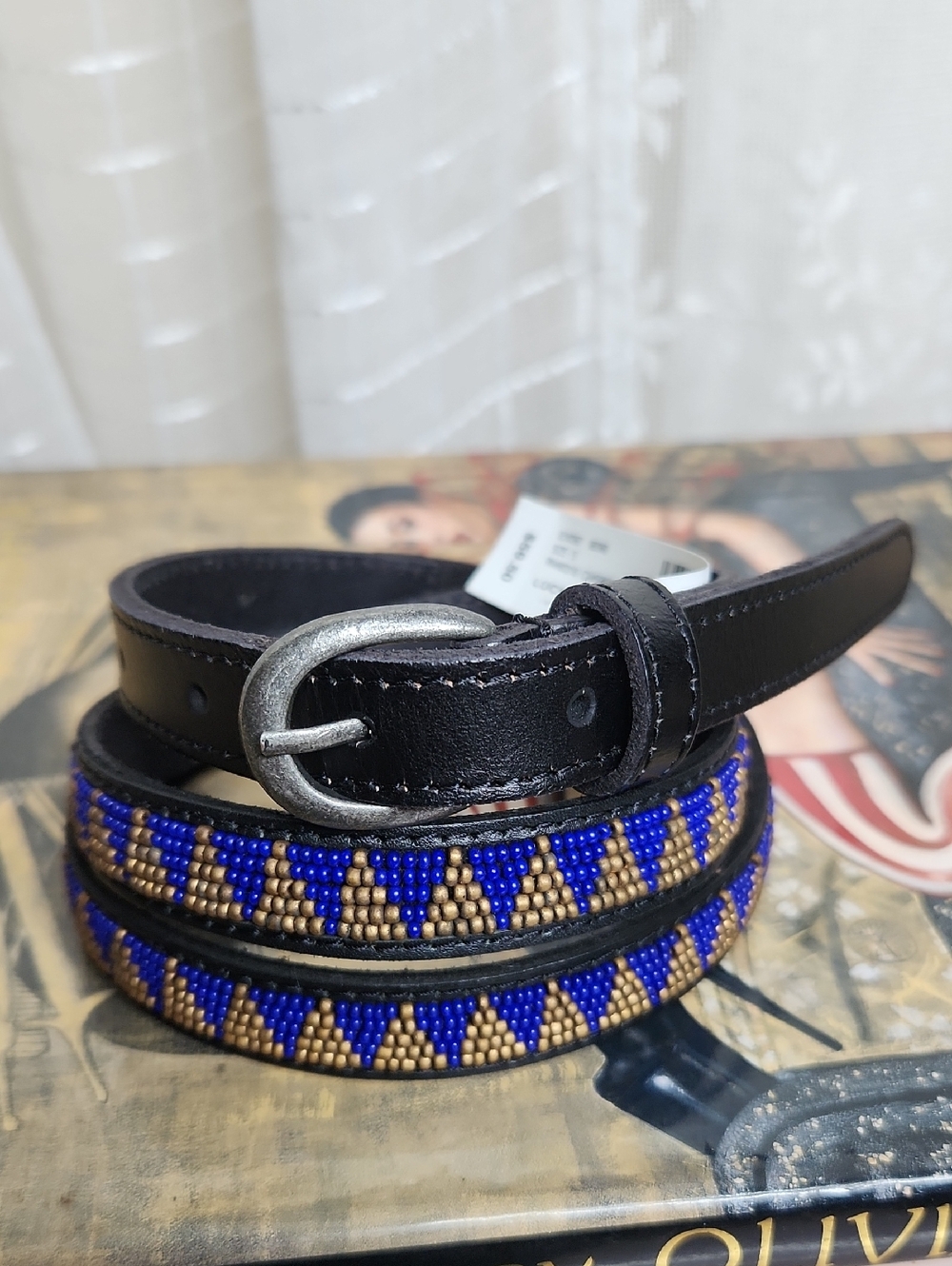 NWT Lucky Brand blue and gold beaded Black leather belt SzS